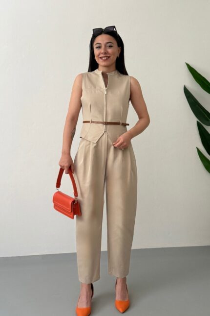 Slimline Suit Yelekli Takım-Bej
