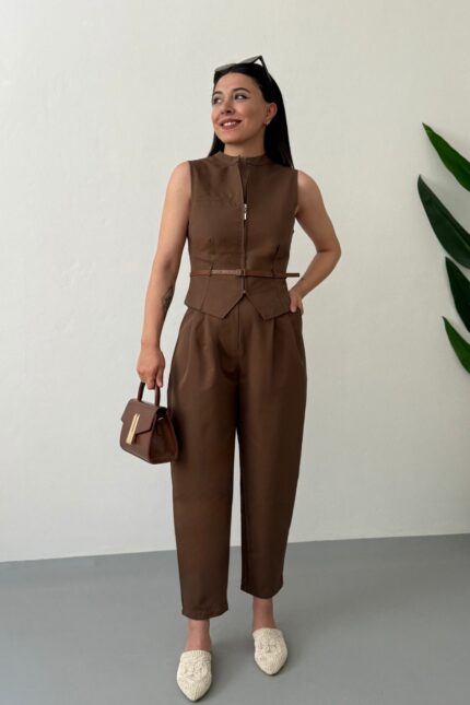 Slimline Suit Yelekli Takım-Kahve
