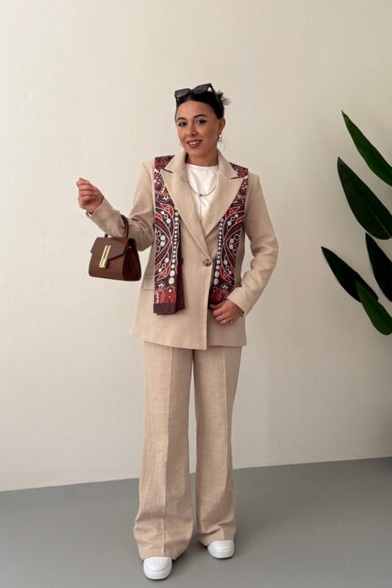 Valencia Naturel Keten Pantolonlu Takım-Bej